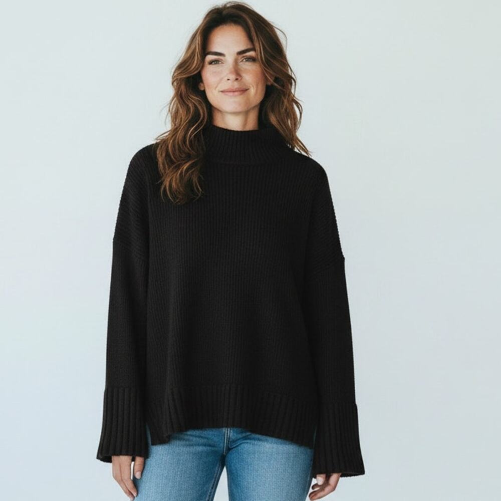 S Sweater Knit Pullover Oversized Wool Blend Funnel Mock Neck Y2K 2000's Black